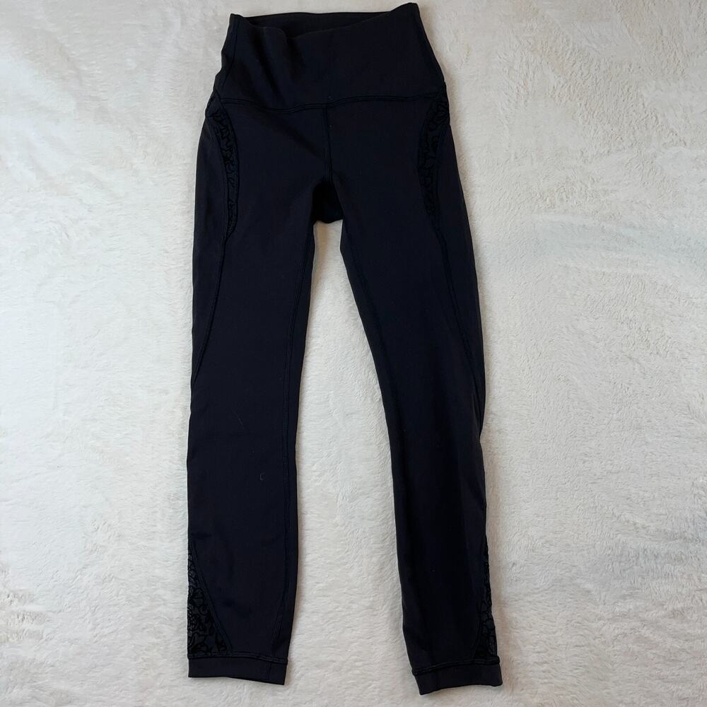 Lululemon Wonder Under Lace insert leggings black activewear pants size 2